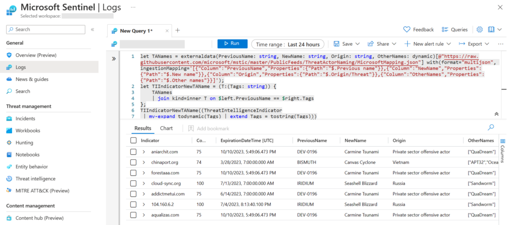 Sample TI indicator query on Microsoft Sentinel