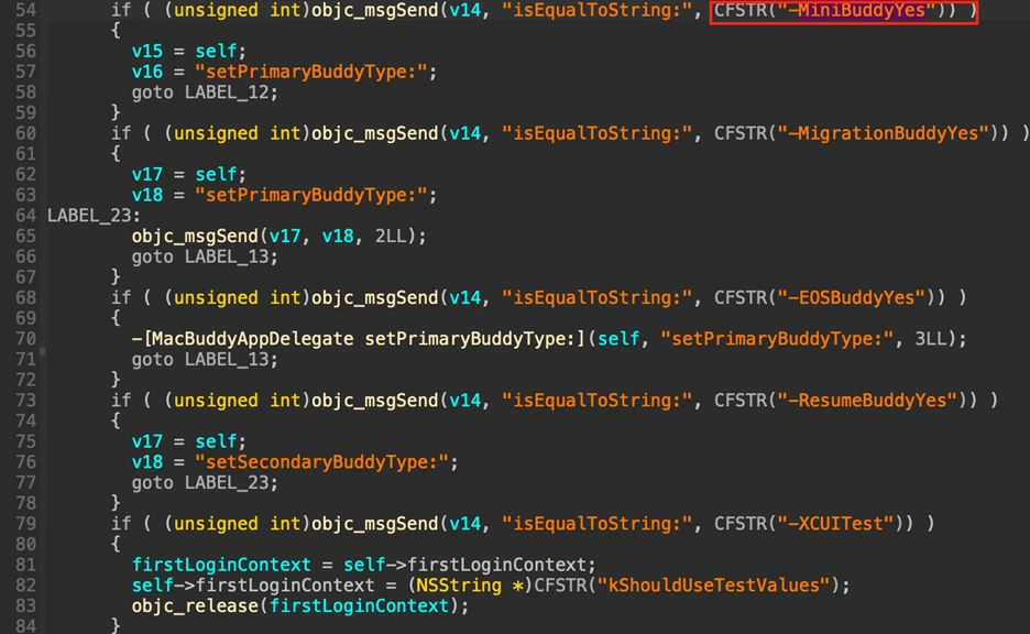 Code displaying Setup Assistant's usage of -MiniBuddyYes 