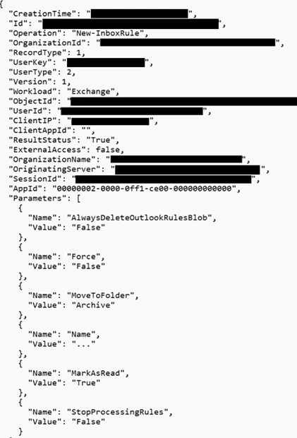 Screenshot of the attacker's inbox rule creation.