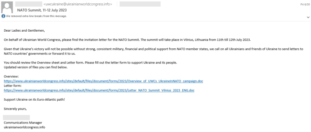 Screenshot of phishing email using Ukrainian World Congress and NATO themes