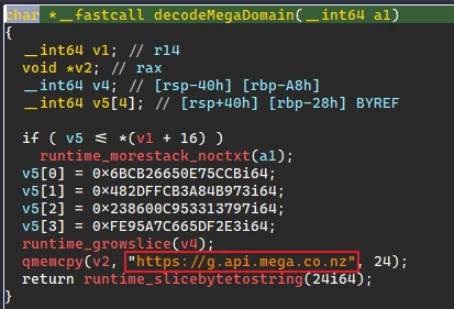 Binary analysis showing explorer.exe functionality for connecting to file sharing service MEGA NZ