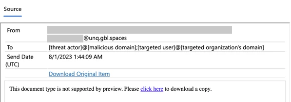 Screemsjot of a message sent by the threat actor as can be seen in Microsoft Purview 