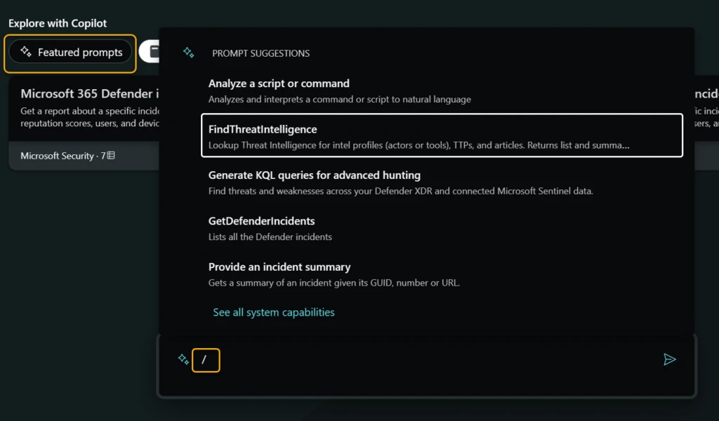 Example of the &ldquo;featured prompts&rdquo; tab within Microsoft Security for Copilot.
