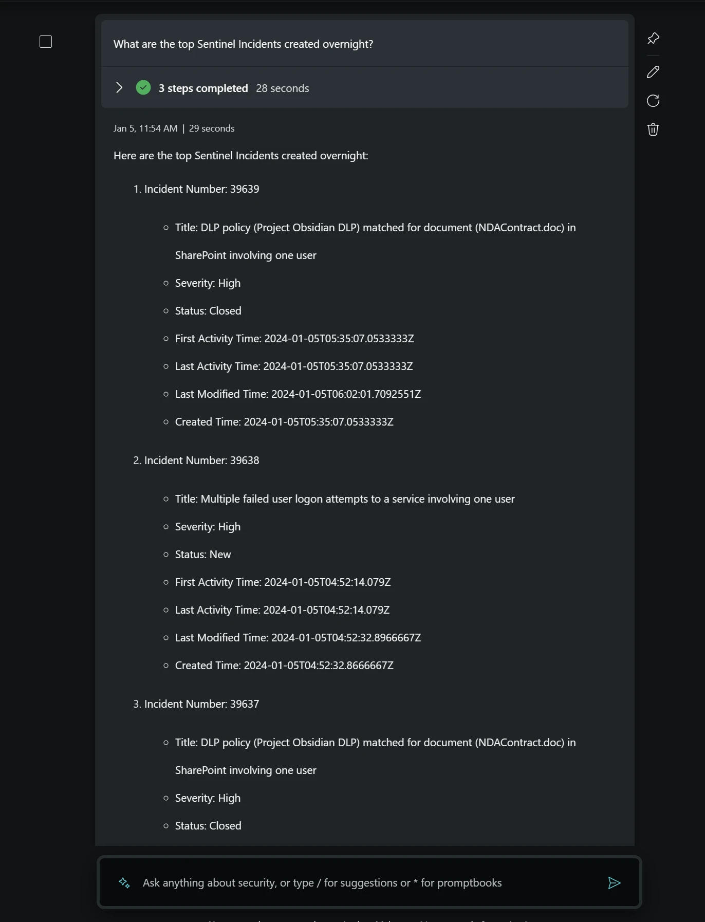 Output of the &ldquo;top 5 Microsoft Sentinel Incidents created overnight&rdquo; prompt output showing list of the requested incidents.
