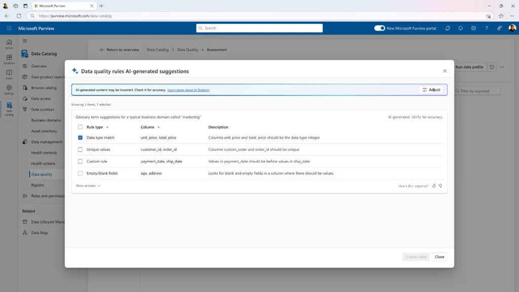 Screenshot showing the AI-powered dashboard in Microsoft Purview Data Governance. 