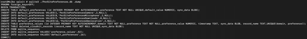 A screenshot of the code within the PerSitePreferences.db file used in the exploit.