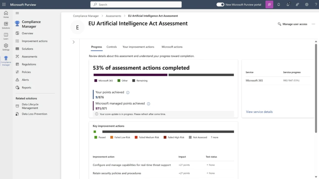 Screenshot of the Compliance Manager assessment within the Microsoft Purview Portal.