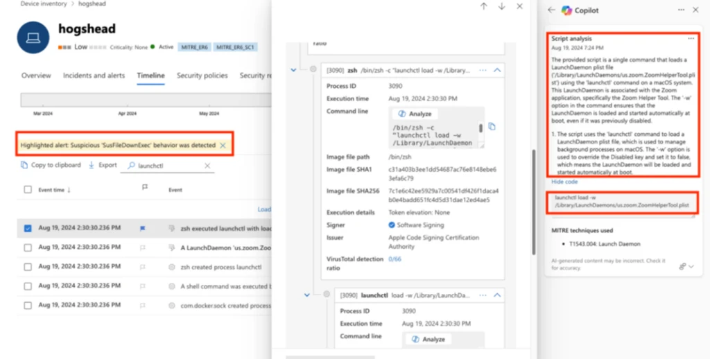A screenshot showing Security Copilot analyzing malicious script that was used in the MITRE emulation.