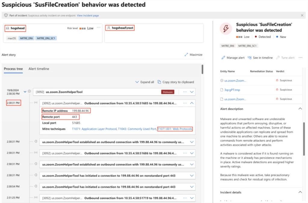 A screenshot of the Defender XDR portal showing an even deeper context analysis on a macOS suspicious file alert.