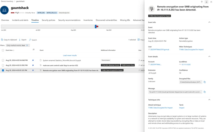A screenshot of the Defender XDR portal showing visibility into a remote device used in the attack, evidence of Microsoft&rsquo;s ability to protect against it. 