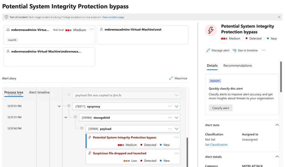 Screenshot of code depicting a SIP bypass alert in Microsoft Defender for Endpoint