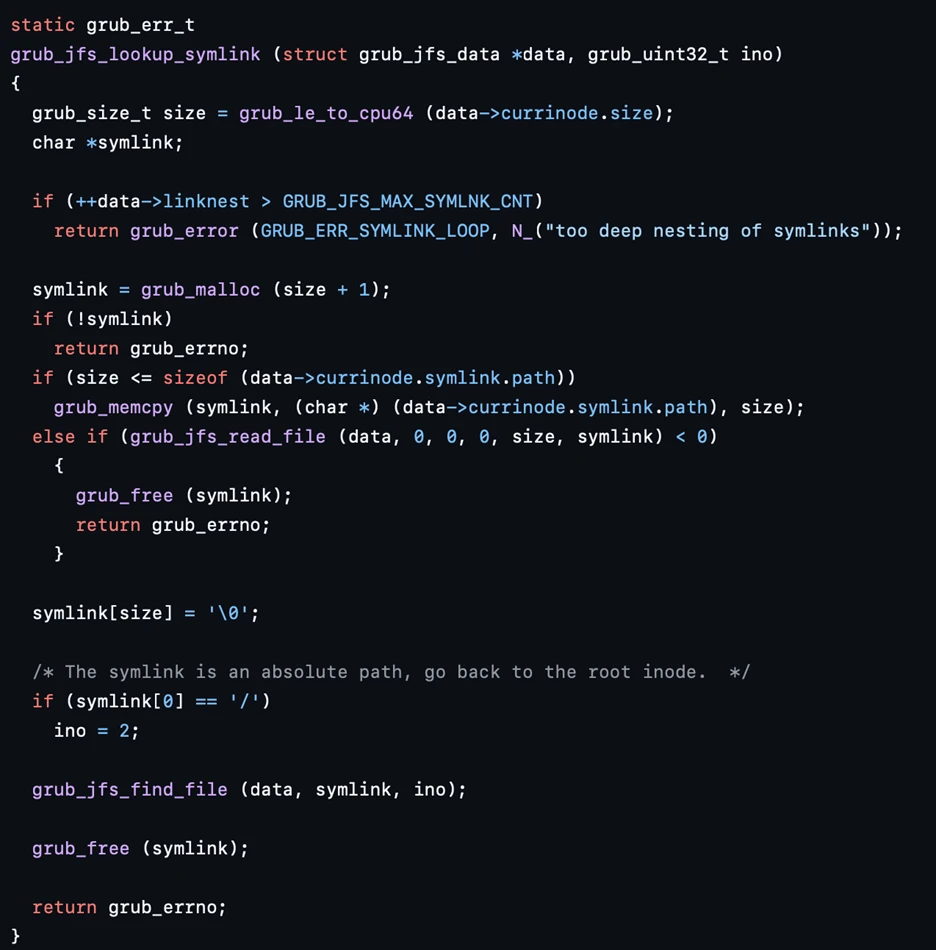 A screenshot of the vulnerable symbolic link resolution code in JFS