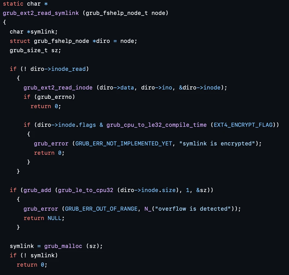 A computer screen shot of the proper symbolic link resolution in EXT2 filesystem, with grub_add used to check for overflows