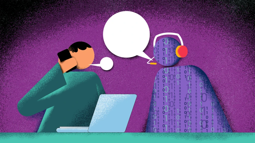 A man talking on a phone and a laptop with a white bubble