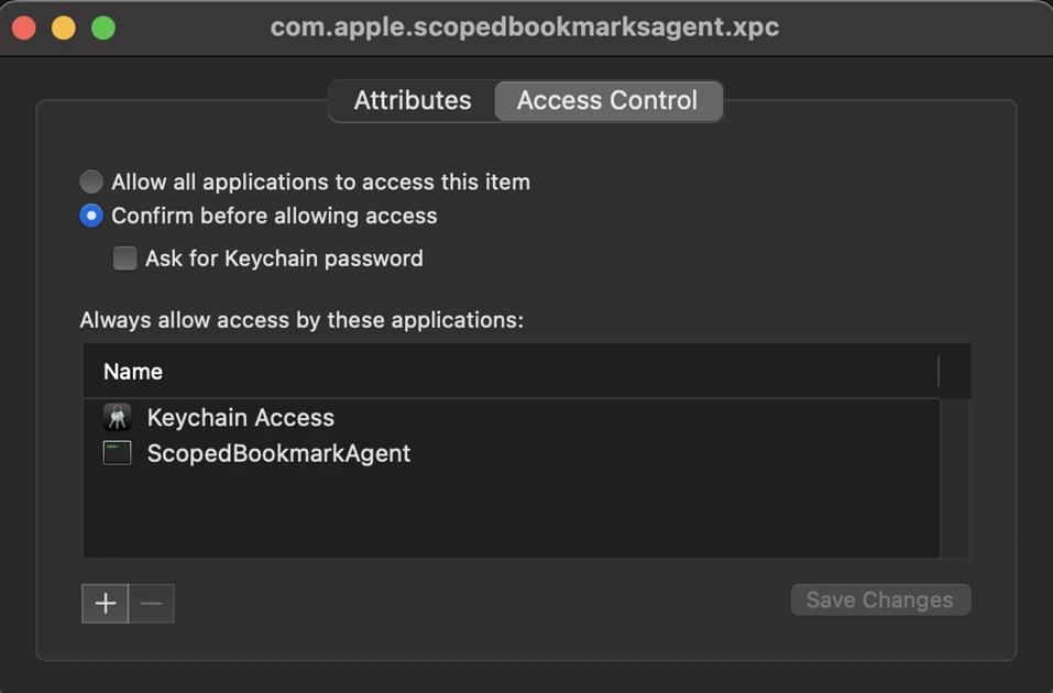 Screenshot of the Access Control List for the scoped bookmarks secret used for signing purposes