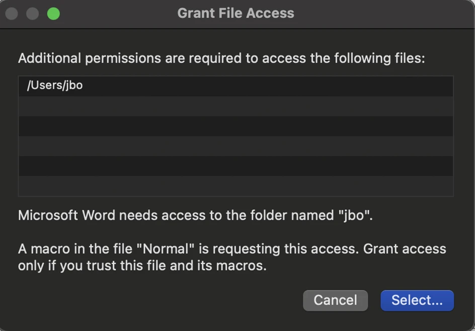 Screenshot of the typical user interaction requiring explicit selection of the folder to grant access to