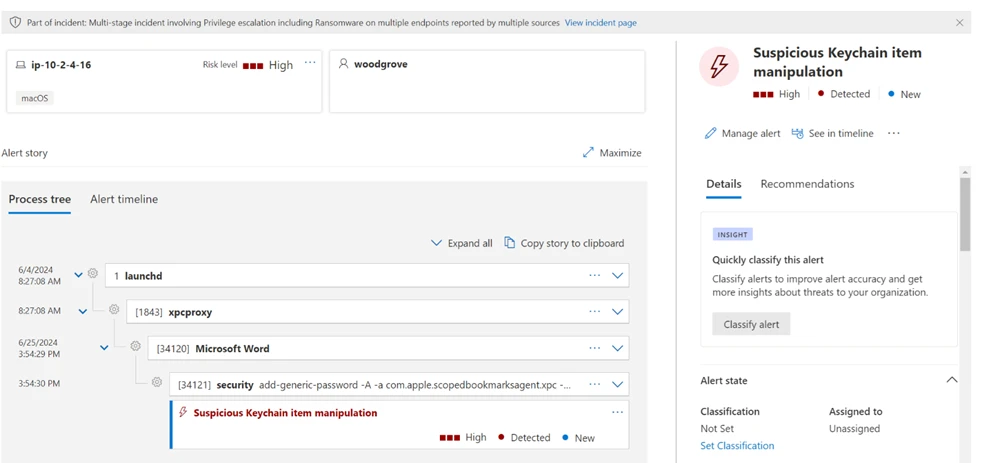 Screenshot of Microsoft Defender for Endpoint detection the exploit with the alert Suspicious Keychain item manipulation