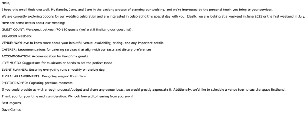 Screenshot of a suspected AI-generated phishing email claiming to be hiring various services for a wedding.