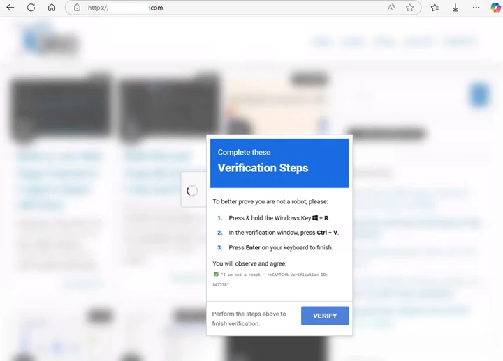 Screenshot of the fake verification page with steps for the user to copy and paste a command that is malicious