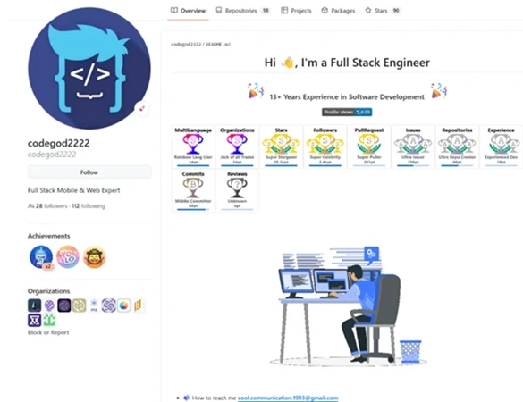 Screenshot of a GitHub profile from a North Korean IT worker using the username codegod2222 and claiming to be a full stack engineer with 13 years of experience.