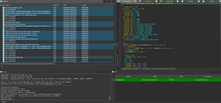 Screenshot of the Riff Diff Applier in use displaying several windows of code and functions