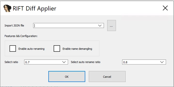 Screenshot of the GUI of the RIFT Diff Applier, requesting the JSON file to import, whether to enable auto renaming or name demangling, and selections for the ratio and the auto rename ratio.