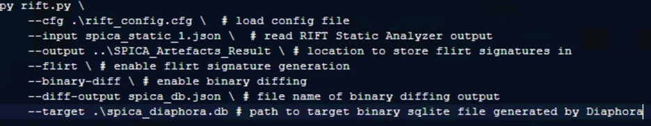 Screenshot of code depicting enabling FLIRT signature generation and binary diffing