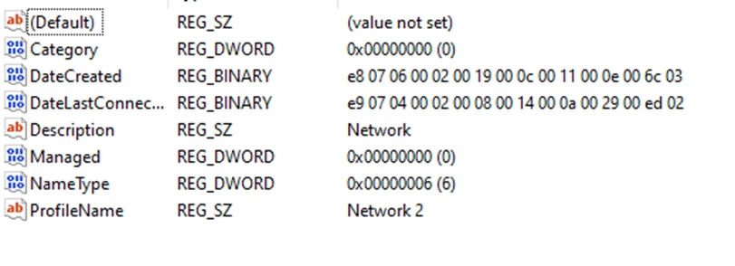 Screenshot of the registry settings for network profiles