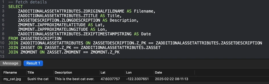 Screenshot of Photos.sqlite metadata