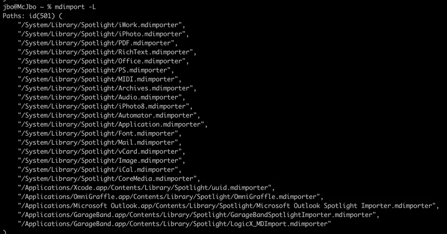 Screenshot of code depicting a list of Spotlight plugins on a typical system