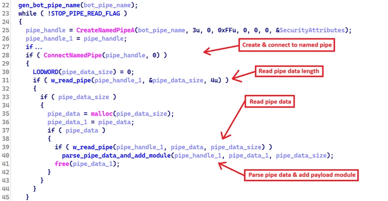 Screenshot of code for connecting reading pipe data