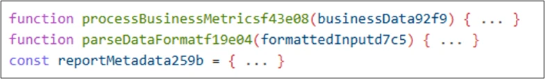 Screenshot of code depicting the overly descriptive variable and function names like processBusinessMetricsf43e08 and parseDataFormatf19e04