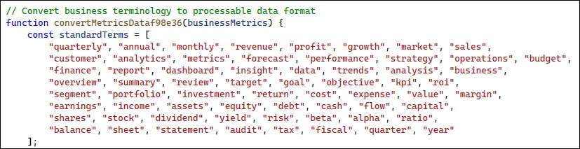 Screenshot of code depicting the conversion of business terminology to processable malicious code