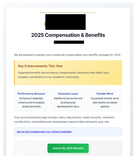 Screenshot of a sample phishing email claiming to be about 2025 compensation and benefits with a link for the recipient to access their benefits.