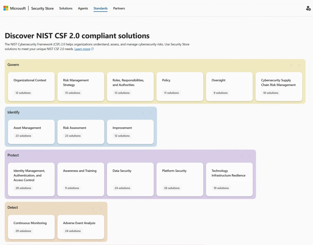 Screenshot showing how you can find solutions by industry standards on the Security Store. 