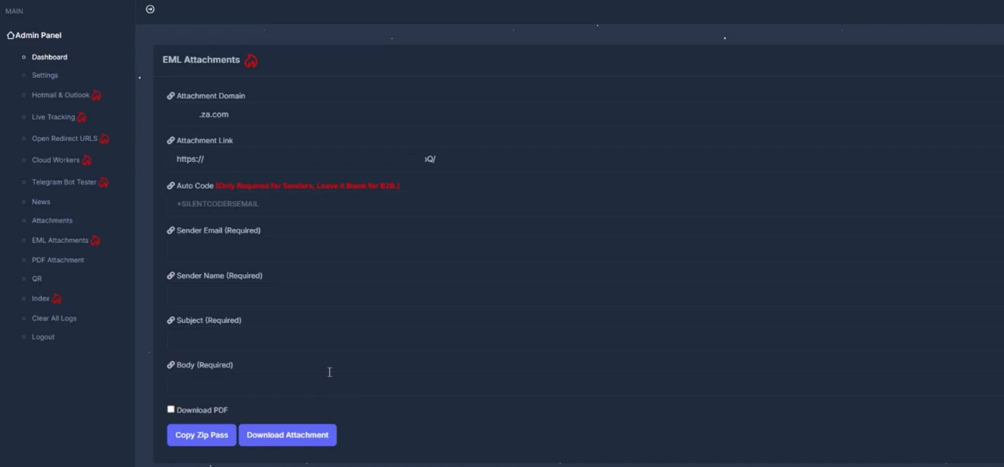 Screenshot of malicious attachment options in the Tycoon2FA admin panel