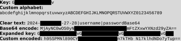 Screenshot of a text-based cryptographic key generation interface displaying a custom alphabet, clear text input, Base64 encoded string, expanded key, and key components. Key sections are labeled with black and gray blocks highlighting sensitive data
