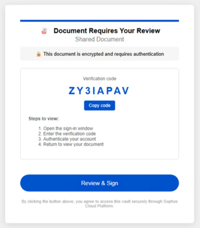 Screenshot of intermediate site asking users to click review & sign button