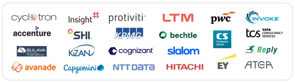 Grid of enterprise services partner logos including Accenture, KPMG, Cognizant, Capgemini, Avanade, Deloitte, EY, PwC, and TCS.