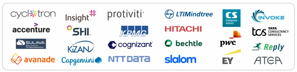 Grid of enterprise services partner logos including Accenture, KPMG, Cognizant, Capgemini, Avanade, Deloitte, EY, PwC, and TCS.