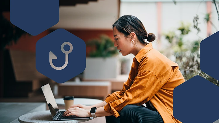 Photo of employee working outdoors with hexagon icons in overlay