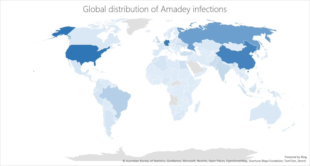 The image depicts a world map illustrating the global distribution of Amadey infections.