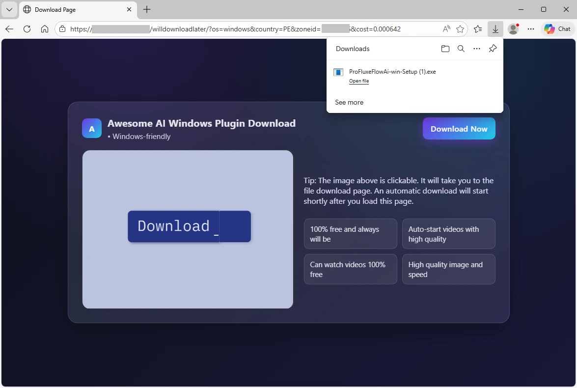 Screenshot of malvertising redirecting to download