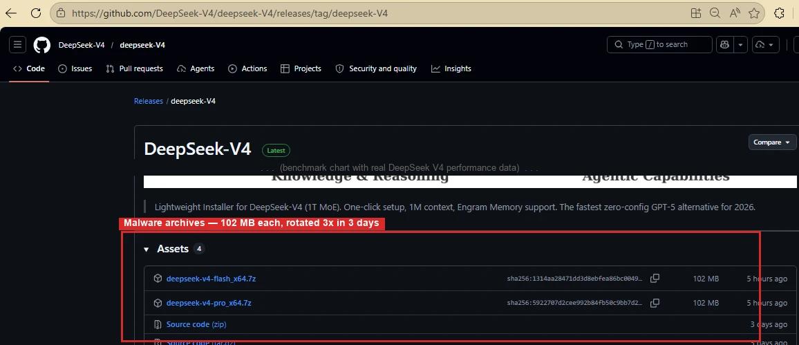 Screenshot of fake release page for the DeepSeek campaign